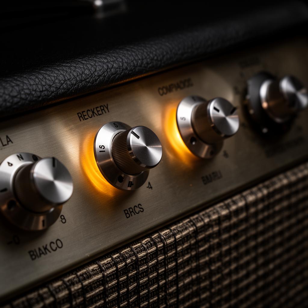 Macro detail of vintage amplifier knobs with warm backlight