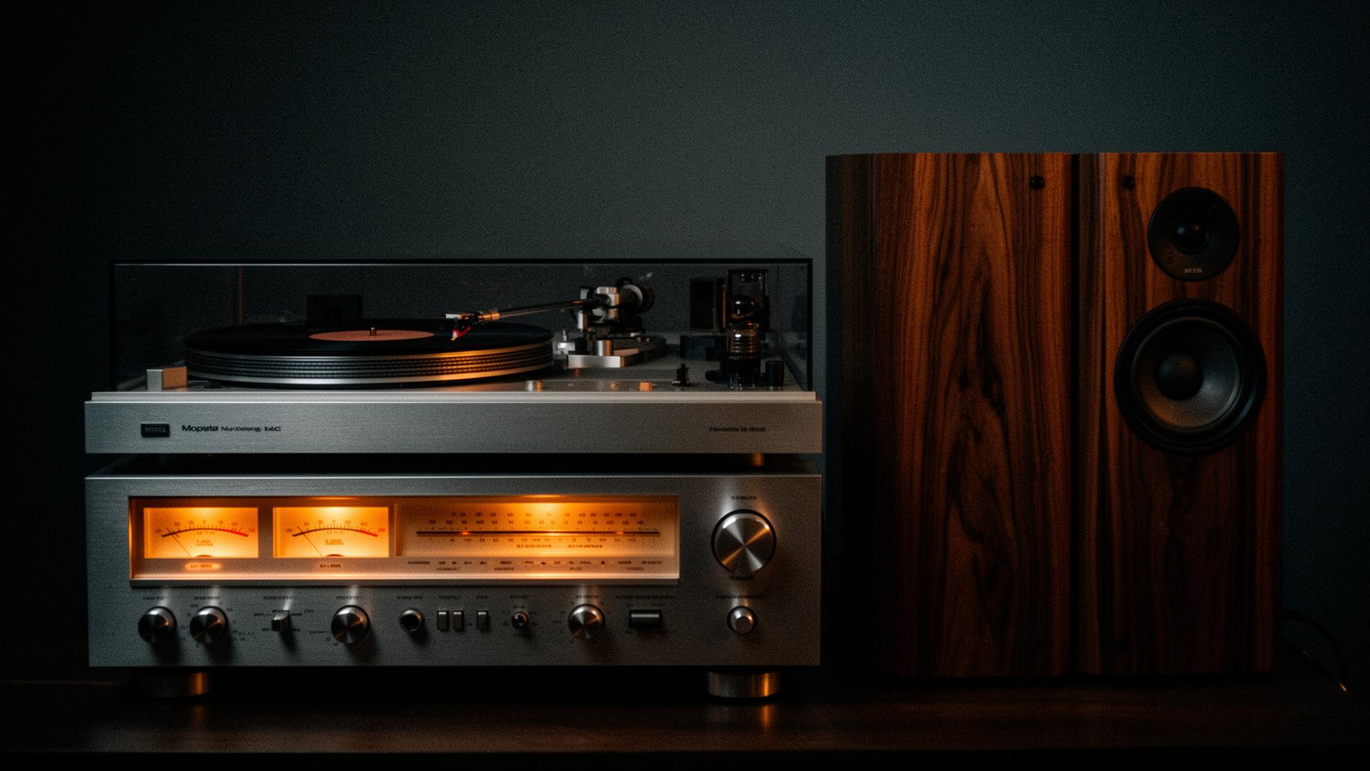 Vintage stereo receiver with glowing VU meters next to a wood-grain speaker